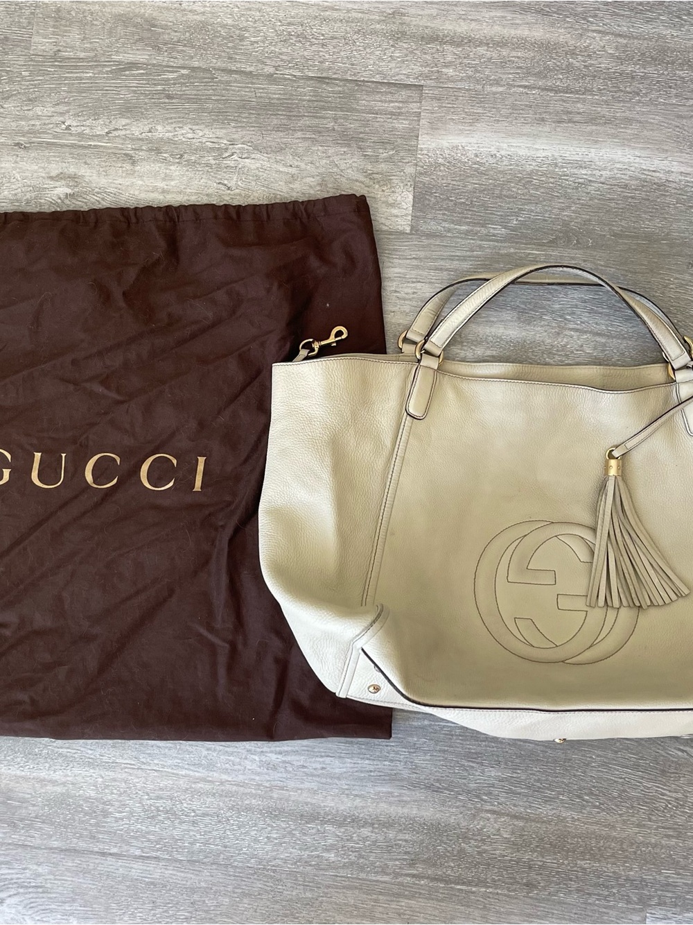 Gucci Beige Leather Tote with Tassel and Interlocking GG